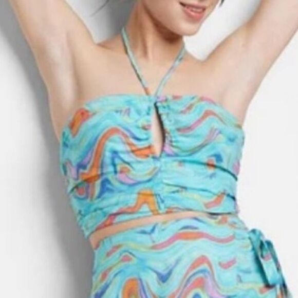 Wild Fable Cropped Halter Bandeau Top Wavy Pattern Multicolor Blue Sz Large New - Picture 1 of 5